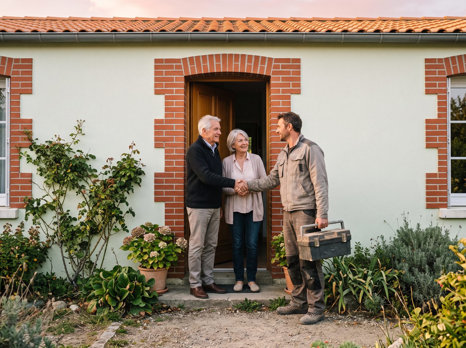 Illustration : un artisan accueilli par un couple venu lui confier l'entretien de leur maison