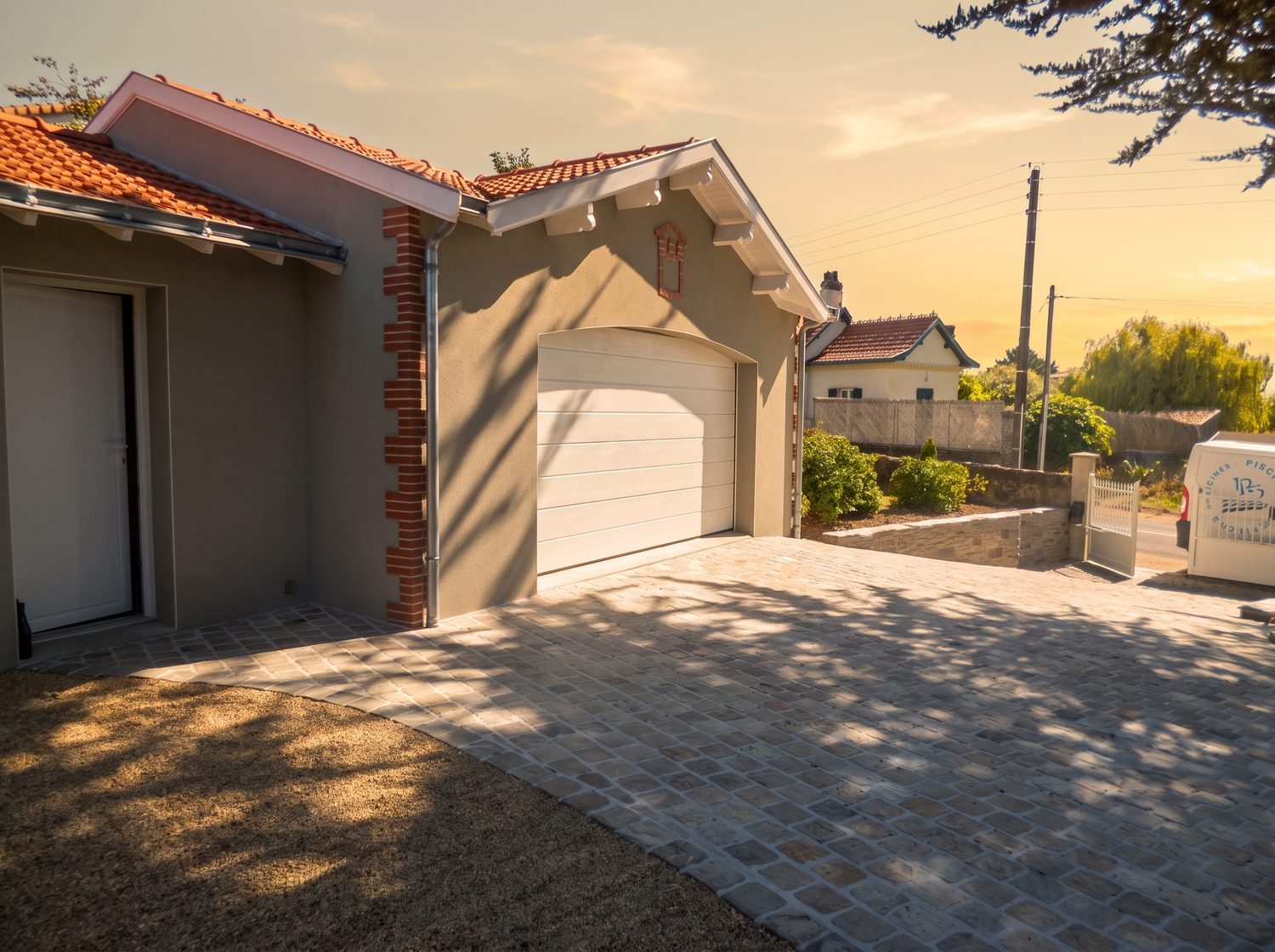 Maison neuve et chaînages briques à la tombée du jour